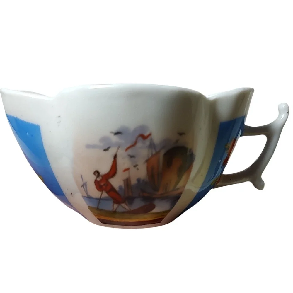 Antique Dresden Demitasse Cup Hand Painted Blue Water Scene‎ Floral Quarterfoil